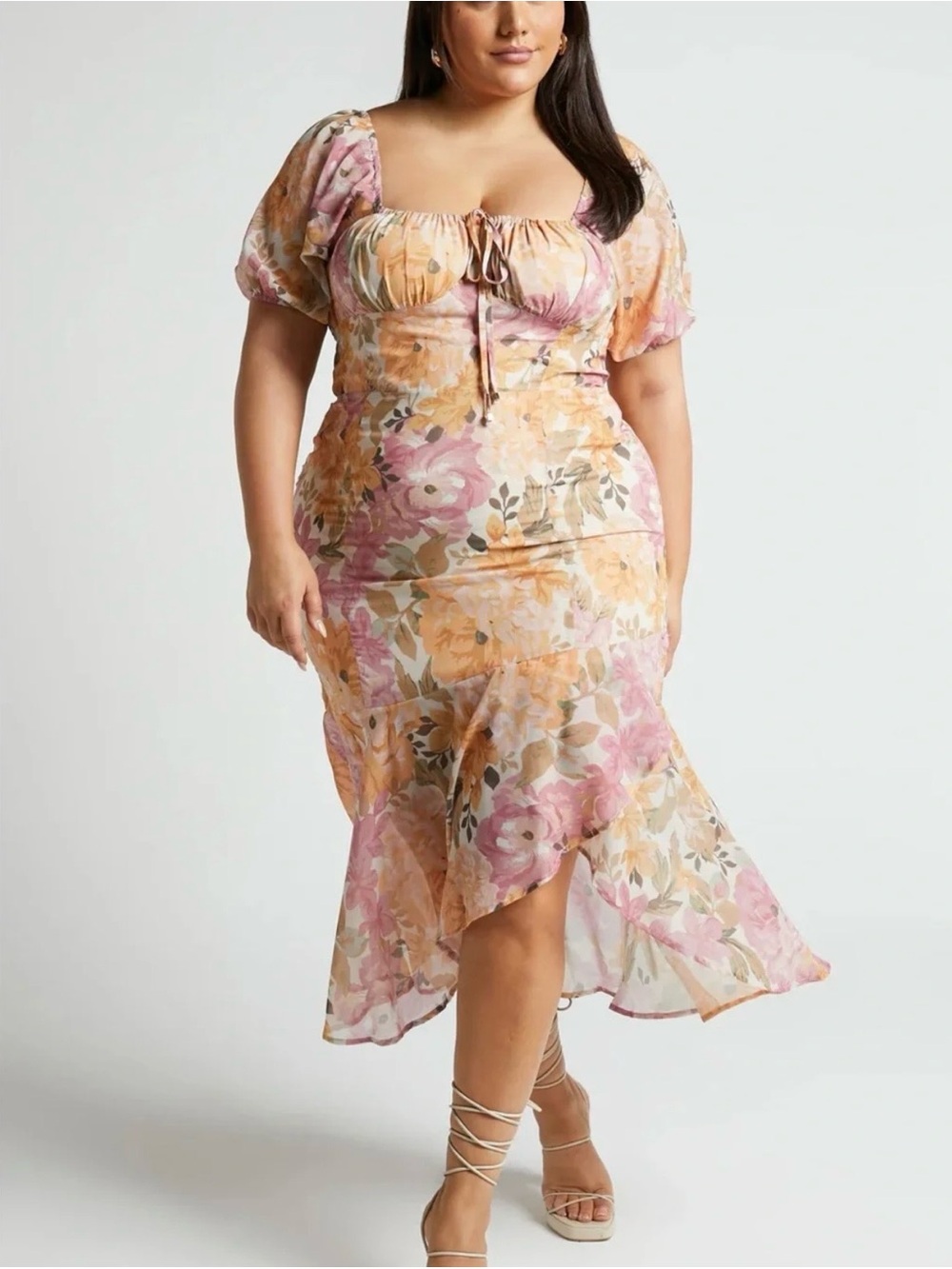 Showpo Jasalina Floral Midi Dress Sweetheart Tie Ruffle Hi-low Hem Puff Sleeves